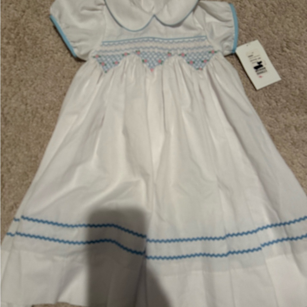 White smocked Easter Dress with Blue Trim NWT